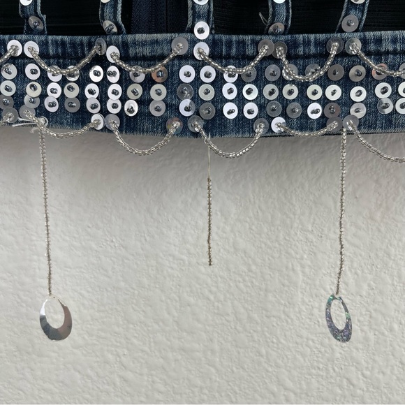 KBB JEANS Vintage 90s Dark Wash Denim Sequin Beaded Handmade Smocked Tank Top - Picture 6 of 11